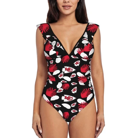 Kansas City Chiefs Women's Ruffle One Piece Swimsuit Hawaiian Printed Swimsuit Cover