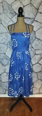 Vintage 60s/70s Malia Hawaii Blue White Floral Checkered Dress Size 8 - Image 1 of 4