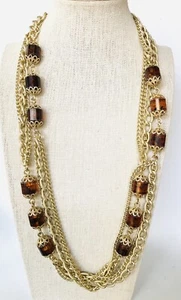 Vintage Sarah Coventry Faux Amber Lucite Gold Tone Long Chain Necklace 48” - Picture 1 of 3