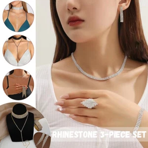 3pcs Set Crystal Bridal Jewelry Choker Necklace Earrings Bracelet Ring Wedding - Foto 1 di 24
