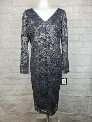 Marina Women's 8 Foiled Lace Cocktail Dress Gunmetal Gray Silver Sheath V-Neck - Image 1 of 4