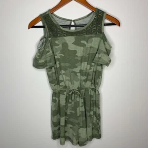 Mudd Girls LARGE 10/12 Green Camp One-Piece Floral Romper Shorts Embroidered Tie - Picture 1 of 7