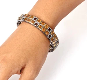Natural Diamond Rosecut Diamond  Citrine 925 Sterling Silver Victorian Bangle - Picture 1 of 3