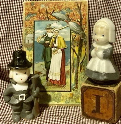 Antique Illus P Block w Gurly Pilgrim Candles & Early 1900 Thanksgiving Postcard - Image 1 of 4