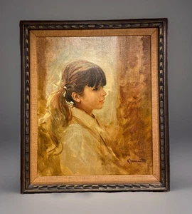 Vintage 20x24 Original Oil On Stretched Canvas Young Girl Portrait Signed-Framed - Picture 1 of 6