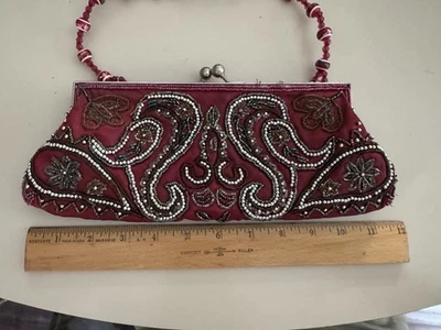 Apt 9 Red Burgundy Beaded Evening Purse Silver Ball Snap Wine Satin - Image 1 of 4