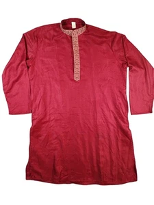 Indian Kurta Shirt Mens 48 Red Long Sleeve Embroidered Festival Traditional 43in - Picture 1 of 15