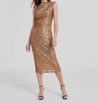 Anne Klein Women's Gold Sequins Draped Mock-Neck Sleeveless Dress Size M - Image 1 of 3