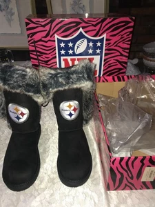NWT NFL The CHAMPIONS Faux Fur BOOT Black Suede PITTSBURGH STEELERS Logo SIZE 7 - Picture 1 of 16