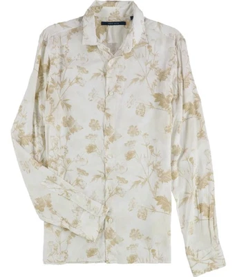Perry Ellis Mens Plant Print Button Up Shirt, Beige, Small - Image 1 of 2