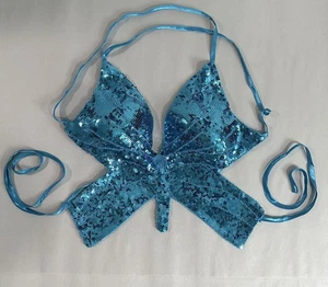 Y2K Butterfly Halter Top Turquoise Sequin Beaded Festival Fairy Backless Tank - Picture 1 of 9