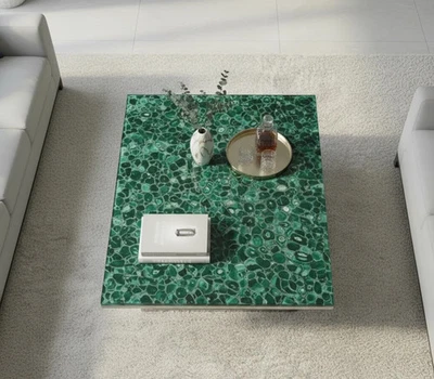 Mesa de centro de piedra de ágata verde - Muebles hechos a mano de mosaico con incrustaciones de lujo Foto 1 de 4