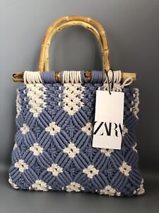 ZARA Crochet / Macrame Bag with Bamboo Handles - Blue and White, Size Medium