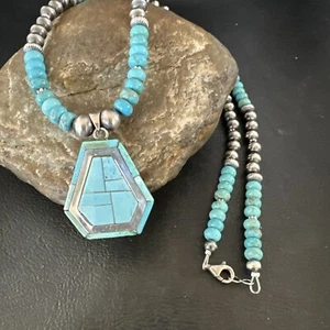 Mens Womens Turquoise Inlay Pendant Navajo Sterling Silver Necklace 17077 - Picture 1 of 13