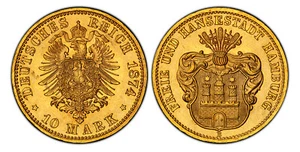 ALEMÁN SAN Hamburgo. 1874-B AV 10 marcos. PCGS MS65. KM 596; Jaeger 207 - Imagen 1 de 1