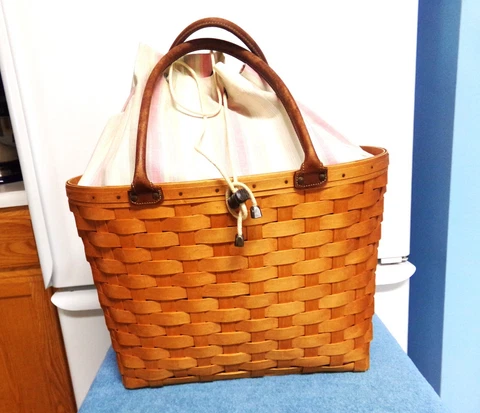 VINTAGE 2001 LONGABERGER LARGE BOARDWALK BASKET CABANA CLOTH LINER PLASTIC LINER Cover