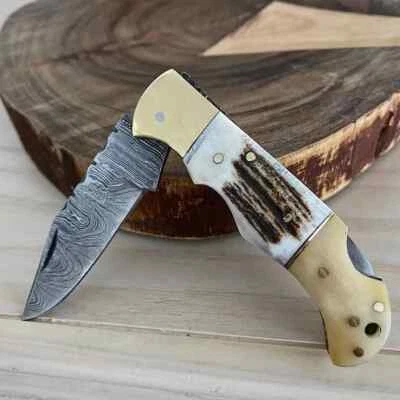 Cuchillo de Bolsillo Plegable Damasco Hecho a Mano 8", Cuchillo de Bloqueo Trasero Regalo Personalizado Foto 1 de 4