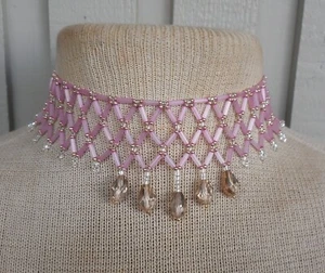 Netted Weave Adjustable Beaded Choker Necklace Pink Rose Gold Silver Champagne - Picture 1 of 9