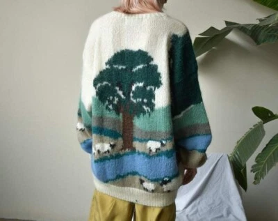 Suéter De Colección Años 80 Lana Mohair Oveja Granja Tejido Crema Cottagecore Pradera Foto 1 de 4