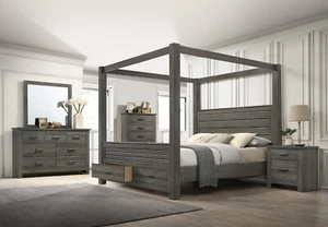 6Pc Gray Queen Canopy Bed Set Storage Footboard Luxurious Bedroom Furniture - Picture 1 of 5