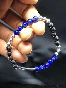 1-only Lapis Lazuli Hematite Handmade SP Bracelet P24 - Picture 1 of 10