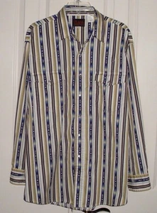 PLAINS WESTERN WEAR MEN'S SHIRT WESTERN SNAPS BLUE TAN WHITE STRIPED SIZE XL - Picture 1 of 8