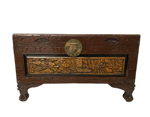 Antique 27.5” Chinese Hand Carved Wood Chest Late 19th Century Dragons Ships Cover
