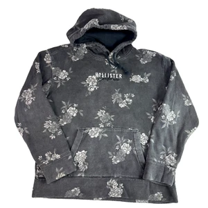 Hollister Womens Mens Hoodie Floral AOP Embroidered Spell Out Logo Black Gray XL - Picture 1 of 8