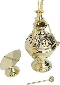 Polished Brass Large Round Censer Incense Burner With Boat and Spoon 10 In - Picture 1 of 7