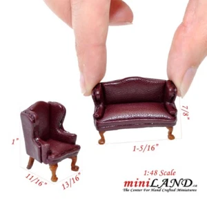 1:48 1/4" quarter scale Queen Anne Leather Sofa /wing chair set BROWN Dollhouse - Picture 1 of 8