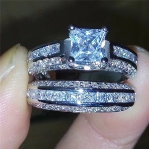 Juegos de anillos de compromiso para mujer de plata 925 princesa circón cúbico blanco talla 6-10 - Imagen 1 de 11
