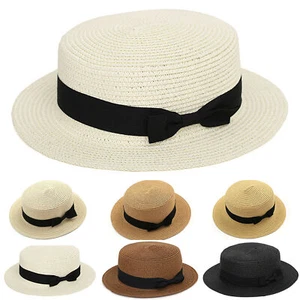 Womens Ladies Straw Boater Hat Festival Summer Sun Visor Wide Brim Beach Cap AU - Picture 1 of 14