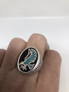 Vintage Hawk Ring Silver White Bronze Men's Black Turquoise Inlay Size 13 - Picture 1 of 6