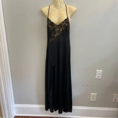 Винтажный JCPenney M черная ночная рубашка кружева платье нейлона полная длина NEGLIGEE Union этикетка - Изображение 1 из 4