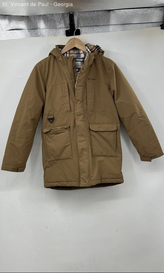 Chaqueta acolchada Columbia cremallera completa unisex grande marrón con capucha Foto 1 de 4