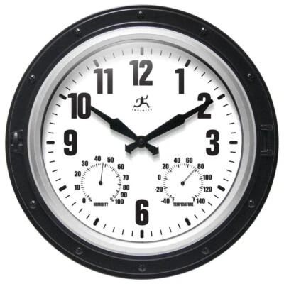 Wall Clock 16 in. Dia Round Forecaster Black Built-In Thermometer Hygrometer - Image 1 of 4