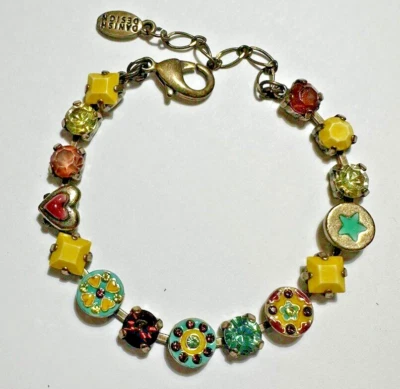 Vintage Pilgrim Dainty Yellow Green Turquoise Enamel Rhinestone 7.5"Bracelet 4h1 - Image 1 of 4