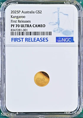 2025 Australia Mini Roo Kangaroo PROOF 9999 GOLD 0.5g $2 NGC PF70 Coin FR BlueLb - Image 1 of 2