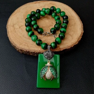 12mm Green Tiger Eye Necklace Rectangle Green Jade Cz insect Pendant 18" - Image 1 of 4