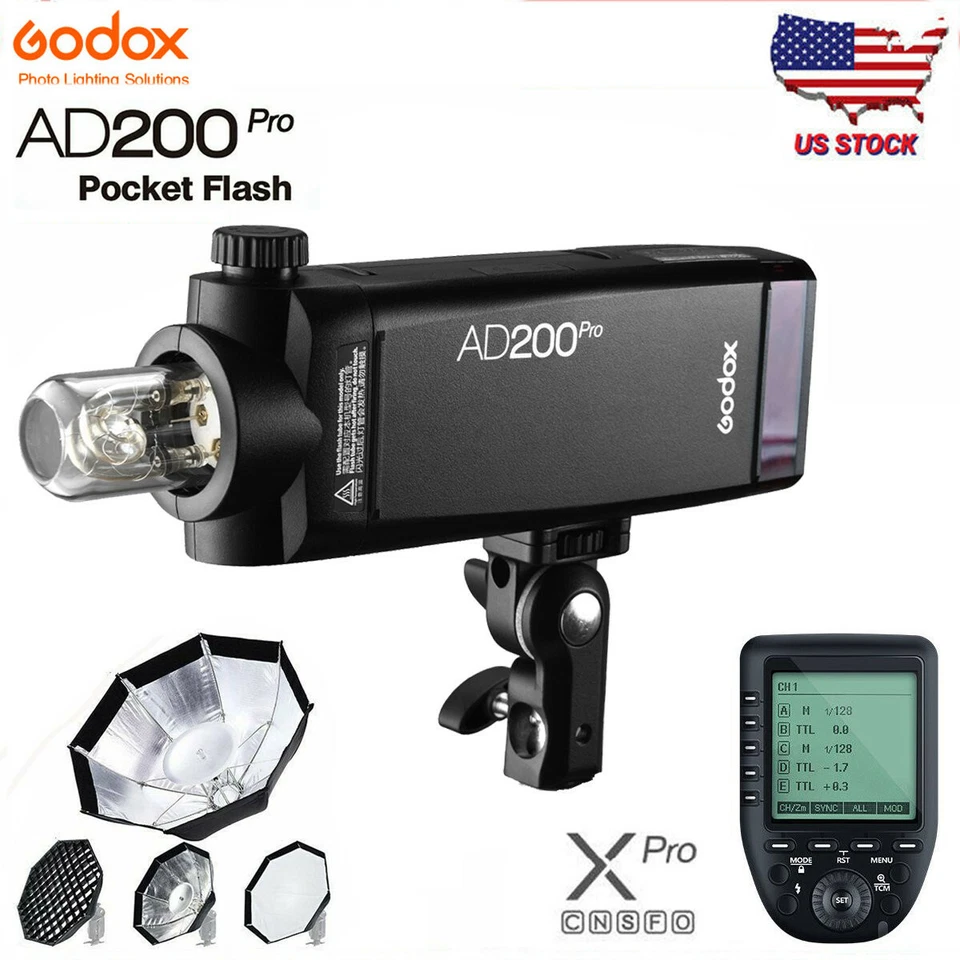 US Godox AD200pro 2.4G TTL HSS Flash Speedlite+Xpro Trigger+AD-S7 Grid Softbox - Image 1 of 4