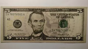 2006 $5.00 FANCY Federal Reserve Note SERIAL NUMBER IA 76076565 A Circulated. - Picture 1 of 2