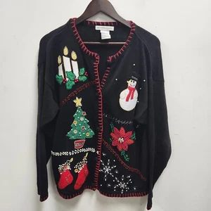 VTG Victorio Jones Embroidered Cardigan Sweater Christmas Size L Gemstones - Picture 1 of 15