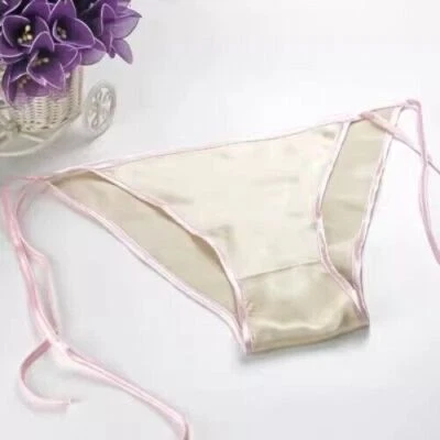 Mujer 100% Seda Bikinis Ropa Interior Bragas Blanco Tangas Corbata Lateral Panty Lencería Foto 1 de 4