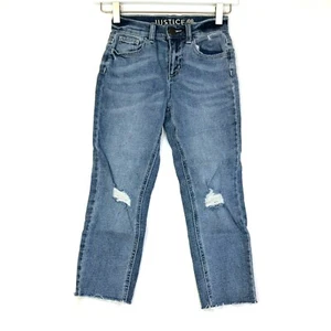 Justice high rise straight denim jeans distressed holes cut off hem blue girls 8 - Picture 1 of 6
