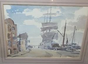 Hermosa pintura acuarela vintage escena puerto velero histórico - Imagen 1 de 24