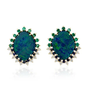 Opal Doublet Stud Earrings For Women 18k Yellow Gold Emerald Sapphire Diamond - Picture 1 of 6
