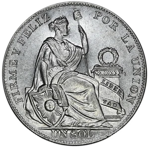 PERU 1 Sol 1934 Silver 25g. 'Seated Liberty' - Picture 1 of 4
