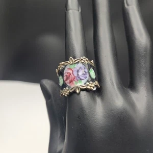 Anello stile fascia sigaro argento sterling floreale smaltato vintage misura 6 8,1 g - Foto 1 di 3