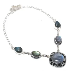 Natural Labradorite Gemstone 925 Sterling Silver Jewelry Necklace Size 18" - Picture 1 of 1