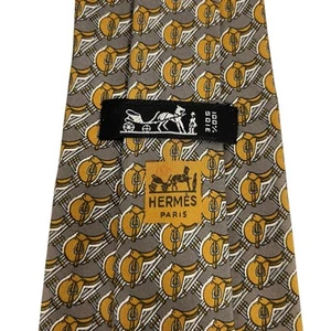 Hermes Mens Tie Equestrian Horse Saddles Taupe/Gold Silk 642 TA 4" (W) x 54" (L) - Picture 1 of 9